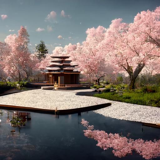 A japanese temple on a spring day, with cherry trees in full bloom with petals flowing in a garden with bamboo water fountains. Super realistic, ray-traced, 8k