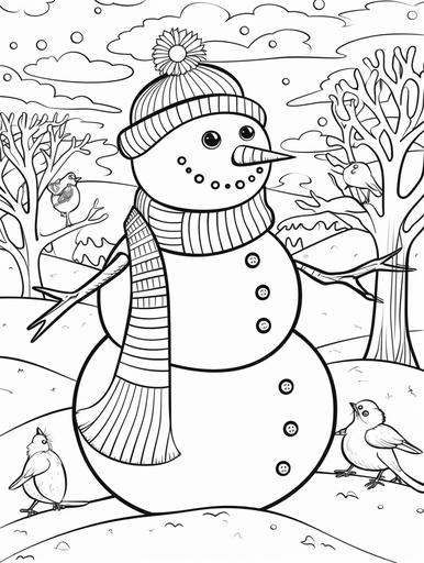 A jolly snowman wearing a top hat and scarf, medium: line art illustration, style: cheerful and friendly, lighting: daytime with a clear blue sky, colors: black and white for coloring, composition: full-body shot of the snowman with birds perched on his arms. --ar 3:4