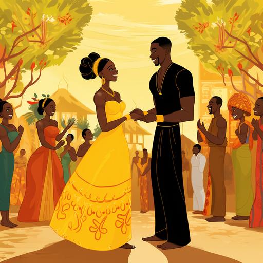 A joyful and colorful scene depicted in an animated style, reminiscent of a wedding ceremony. An African man in elegant attire. An African woman in a fully yellow dress. The word 