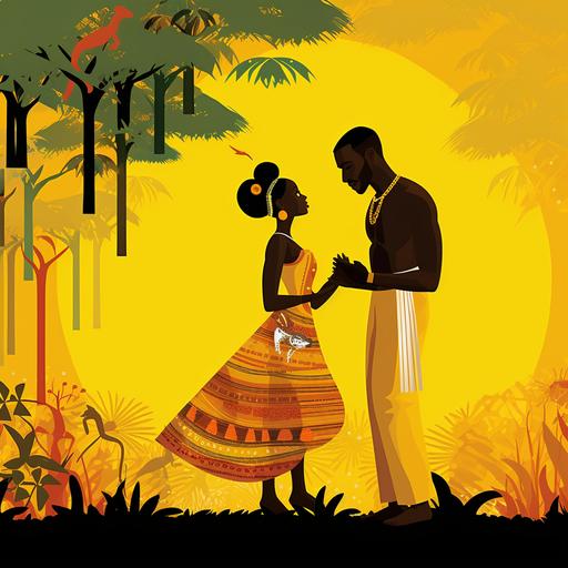 A joyful and colorful scene depicted in an animated style, reminiscent of a wedding ceremony. An African man in elegant attire. An African woman in a fully yellow dress. The word 