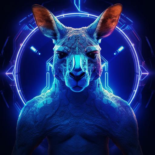 A kangaroo with a tech-savvy, oppressive, dominant, fierce, and muscular demeanor, along with a blue neon profile picture frame