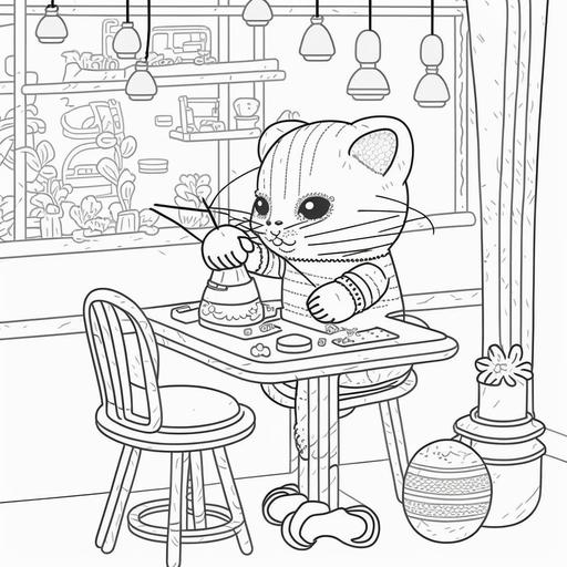 A kawaii style cat playing with a toy mouse in the cozy cafe for coloring page with crisp lines with white background ar 17:22