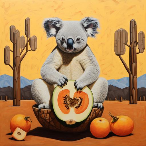 A koala eating mango in the Sahara desert in the style of Picasso
