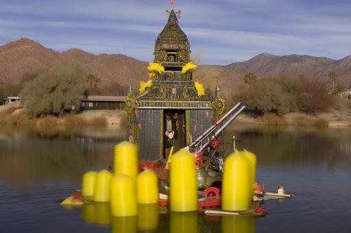 A lake based sharp focused still from an urban los angeles folk ritual temple made out of palm trees, antique machinery, slippery shampoo, california new-age posters, felt, car parts, joshua trees, plexiglass, synesthesia, traffic jams, scrap wood, artist materials, broken machines, california native basketry, colorful fabrics, tile pieces, mockingbird songs, owl feathers, broken mirrors and stained glass, bird houses, binoculars, cat parts, funky tubes, sunshine and flowers, chainsaws, cactus, sloth claws and otter whiskers, highly detailed, ultra-realistic photography, sharpen, full frame still --chaos 50 --w 1000 --ar 3:2 --no cropping