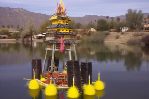 A lake based sharp focused still from an urban los angeles folk ritual temple made out of palm trees, antique machinery, slippery shampoo, california new-age posters, felt, car parts, joshua trees, plexiglass, synesthesia, traffic jams, scrap wood, artist materials, broken machines, california native basketry, colorful fabrics, tile pieces, mockingbird songs, owl feathers, broken mirrors and stained glass, bird houses, binoculars, cat parts, funky tubes, sunshine and flowers, chainsaws, cactus, sloth claws and otter whiskers, highly detailed, ultra-realistic photography, sharpen, full frame still --chaos 50 --w 1000 --ar 3:2 --no cropping