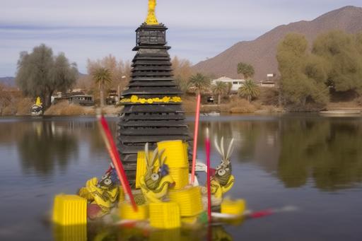 A lake based sharp focused still from an urban los angeles folk ritual temple made out of palm trees, antique machinery, slippery shampoo, california new-age posters, felt, car parts, joshua trees, plexiglass, synesthesia, traffic jams, scrap wood, artist materials, broken machines, california native basketry, colorful fabrics, tile pieces, mockingbird songs, owl feathers, broken mirrors and stained glass, bird houses, binoculars, cat parts, funky tubes, sunshine and flowers, chainsaws, cactus, sloth claws and otter whiskers, highly detailed, ultra-realistic photography, sharpen, full frame still --chaos 50 --w 1000 --ar 3:2 --no cropping