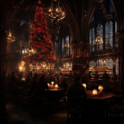 A large Gothic style bar with Christmas decorations and a group of 4 people chatting around a table.