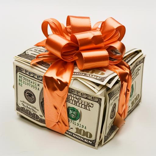 A large amount of dollars piled up and looks like a gift box with an orange ribbon wrapped around it,vey real photo,white background --v 6.0