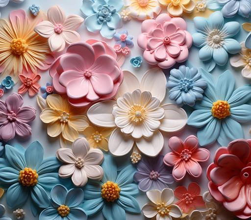 A large background of flowers made from colored wax decorations, in the style of luminous 3d objects, pastel-colored scenes, yellow and blue, dazed, cherry blossoms, decorative backgrounds, pink and blue --ar 348:307 --s 250