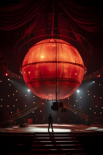 A large ball is placed on the stage of the circus for ball riding. It is illuminated by spotlights. Unmanned. --ar 4:6