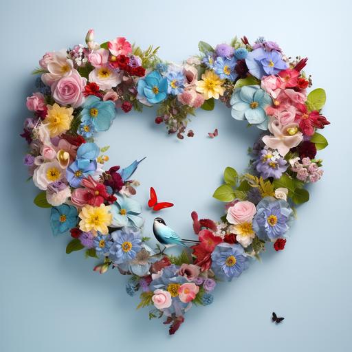A large heart-shaped frame made of colorful flowers and birds on a light blue background