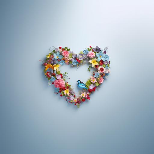 A large heart-shaped frame made of colorful flowers and birds on a light blue background