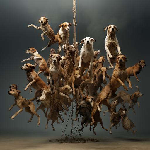 A large number of brushwood dogs are jumping rope