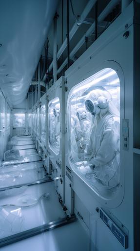 A large number of transparent capsules are lined up, each big enough for a person to fit inside. The room is a white laboratory for human experimentation, with some of the capsules destroyed and glass scattered around. Inside some of the capsules are women wearing white eye masks made of machinery, with white skin and some parts of their bodies being mechanical. They have long white hair, are Japanese, and are wearing white kimono. The lighting is dim, photo realistic, --v 6.0 --ar 9:16