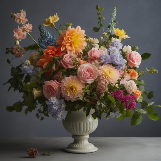A large unique tall elegant floral arrangement featuring a unique blend of spring flowers :: unique vase :: flowers arranged in a cascading style with lush greenery accents. The color palette bold, bright hues colors, a stunning centerpiece that exudes beauty and sophistication, no background, --v 5 --s 750