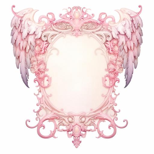 A letter paper design with a blank pink oval in the middle for writing notes. The border be made up of hundreds of angel wings all around in the style of a Mark Ryden oil painting