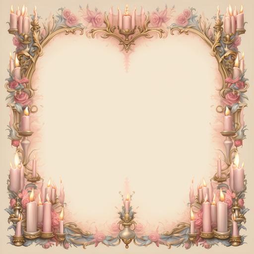 A letter paper design with a blank pink oval in the middle for writing notes. The border should be made up of hundreds of candles all around in the style of a Mark Ryden oil painting