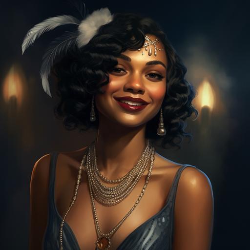 A light skinned Black woman, dressed in 1920s flapper fashion, dimples, smiling, witch, Harlem Renaissance era, detailed, hyperrealistic