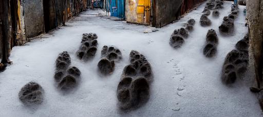 A line of cat footprints in the back alley, whimsically, photo realistic, 8k --aspect 21:9