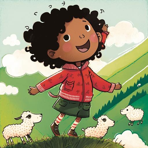 A little Young brown girl from India with short curly hair, eight years old, excited, big smile, wearing a red jacket on top of a green check shirt, black pants, brown boots, simple, cute, in the style of Disney Marida standing on top of a mountain looking at many sheep graze on the meadow and tiger pouncing on one of the sheep