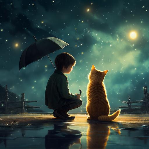 A little boy and a cat holding an umbrella, a puddle, and the stars are falling