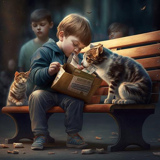 A little boy sitting on a park bench eating a french-fry box full of cats, his mother sits by him and reaches over to get one of the cats as a cat tax