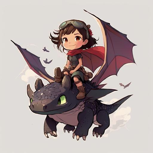 A little girl with short brown hair princess, holding a red apple in her hand, riding in the dragon taming master toothless body, soaring in the sky, big big clouds, very dreamy, toothless boy and the little girl is a good friend, not far behind, there are several other flying cute little dragon, Disney style, Pixar style, close-up, the little girl smile is very beautiful, wearing a green sweater, wearing a brown duck-tongue hat, her name is katie Translated with www.DeepL.com/Translator (free version)