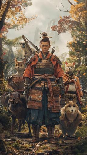 A live-action image of Momotaro, the Peach Boy, standing confidently with his animal friends at his side, ready to challenge the ogres of Onigashima. His smile is warm yet carries an odd, steely determination, as if he’s privy to the outcome of the impending battle. The backdrop of a lush, Japanese countryside emphasizes his heroic journey.