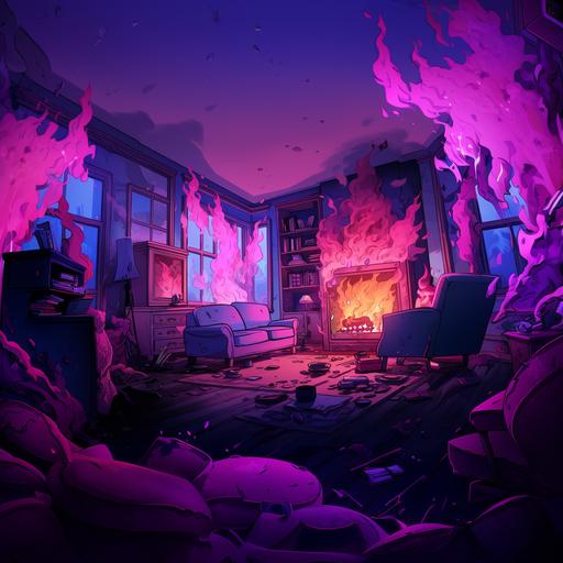 A living room being destroyed burning in pink blue and purple flames, Cartoon style--ar 3:2 --v 5.2
