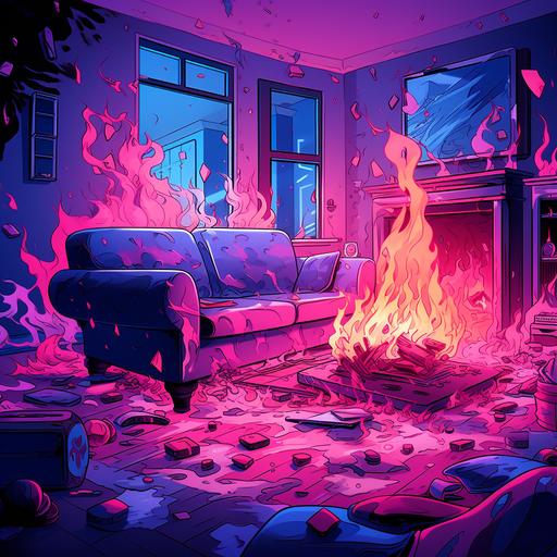 A living room being destroyed burning in pink blue and purple flames, Cartoon style--v 5.1