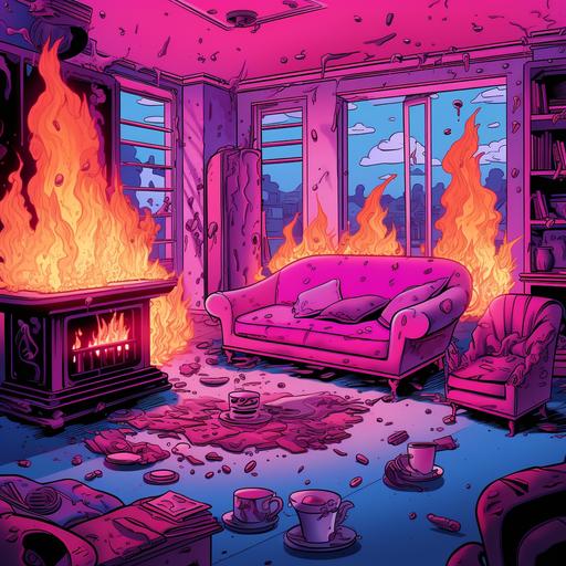 A living room being destroyed burning in pink blue and purple flames, Cartoon style--v 5.1