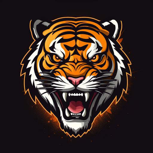 A logo for a baseball club that is a digital illustration with bold lines of a cartoon, ferocious tiger facing directly forward. Make it symmetrical. make the background black