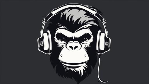 A logo of a black monkey with headphones, flat color, black and white. --ar 16:9