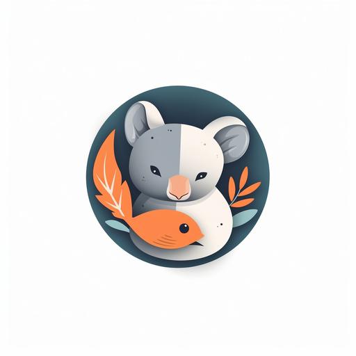 A logo with a Sleeping Koala hug a Fish. , highly stylized logo for social media with a print of Salmon fish and a sleepy koala. Both Koala and Fish need to be shown. For a minimalist electric orange, charcoal black and cream white