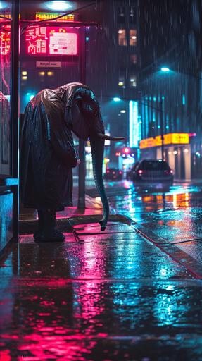 A lone anthropomorphic elephant, in a heavy raincoat, stands under the neon glow of a bus stop sign, amidst a downpour. The elephant's large, drooping ears and thoughtful eyes convey a weary patience, as it waits for the late-night bus. The street is slick with reflections of city lights, and the neon sign casts a vibrant hue on the wet surroundings, contrasting with the elephant's subdued demeanor. The photograph is taken in a realist style, capturing the interplay of light and shadow, and the juxtaposition of the elephant's imposing presence with the deserted, rain-soaked urban environment. The framing is intimate, drawing the viewer into the scene, with the focus squarely on the elephant's expressive face and the glistening rain around it. --ar 9:16 --s 50 --v 6.0
