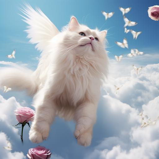 A long-haired Ragdoll cat with white wings flies in the blue sky with pink rose petals falling from the air.