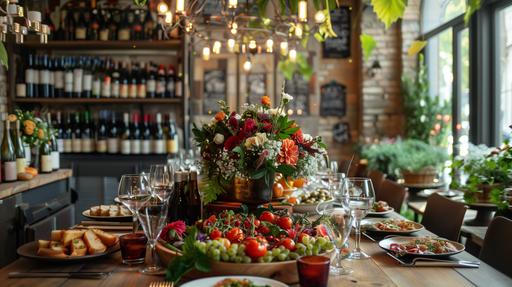 A long table with flowers, wine glasses, food in the middle of the table, photo wall in the background, hemp chandelier, dinner, party atmosphere, party, casual, relaxed, happy atmosphere, bright, three-dimensional light, rich color, detailed description, clever composition, directional detail, layered, HD pictures, film style, shot with 35mm film, photography --ar 16:9 --s 250 --v 6.0