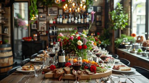 A long table with flowers, wine glasses, food in the middle of the table, photo wall in the background, hemp chandelier, dinner, party atmosphere, party, casual, relaxed, happy atmosphere, bright, three-dimensional light, rich color, detailed description, clever composition, directional detail, layered, HD pictures, film style, shot with 35mm film, photography --ar 16:9 --s 250 --v 6.0
