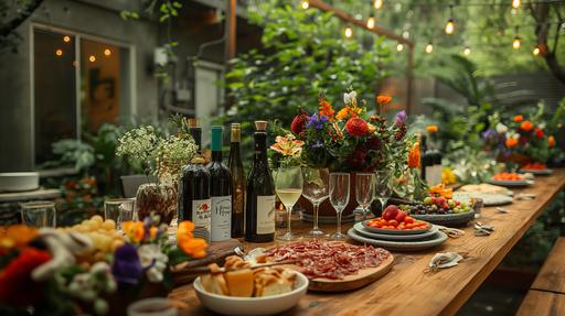 A long table with flowers, wine glasses, food in the middle of the table, photo wall in the background, hemp chandelier, dinner party atmosphere, garden party, casual, relaxed, happy atmosphere, bright, three-dimensional light, rich color, detailed description, clever composition, directional detail, layered, HD pictures, film style, shot with 35mm film, photography --ar 16:9 --s 250 --v 6.0