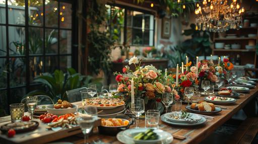 A long table with flowers, wine glasses, food in the middle of the table, photo wall in the background, hemp chandelier, dinner party atmosphere, garden party, casual, relaxed, happy atmosphere, bright, three-dimensional light, rich color, detailed description, clever composition, directional detail, layered, HD pictures, film style, shot with 35mm film, photography --ar 16:9 --s 250 --v 6.0