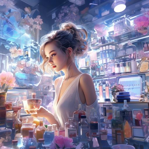 A lot of bright, unusual cosmetics, a beauty salon of the future, a lot of small details, jars, bottles, girls are happy, choosing, sniffing, horizontal picture, magazine style, light colors, maximum rendering
