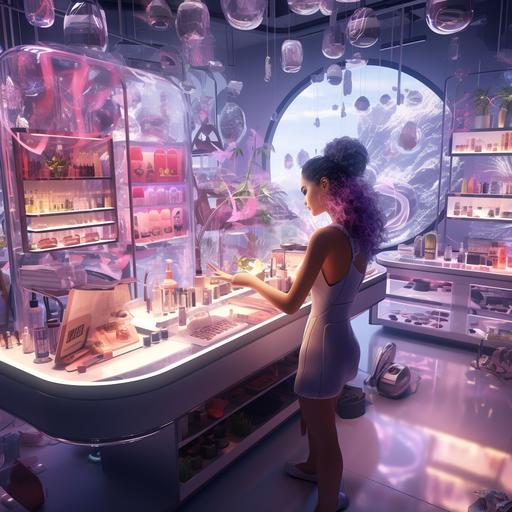 A lot of bright, unusual cosmetics, a beauty salon of the future, a lot of small details, jars, bottles, girls are happy, choosing, sniffing, horizontal picture, magazine style, light colors, maximum rendering