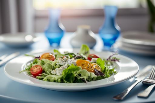 A lot of fresh salad on a white plate, light blue tablecloth, bright atmosphere, bright kitchen background, Ultra realistic, photographed with a DSLR ,--v 5 --q 2 --ar 3:2