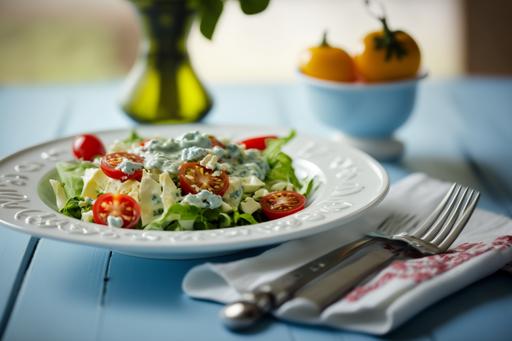 A lot of fresh salad on a white plate, light blue tablecloth, bright atmosphere, bright kitchen background, Ultra realistic, photographed with a DSLR ,--v 5 --q 2 --ar 3:2