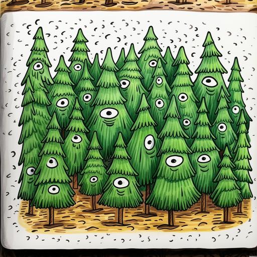 A lot of little pine trees with eyes doodle style, full page , line work, with color, sticker, white background