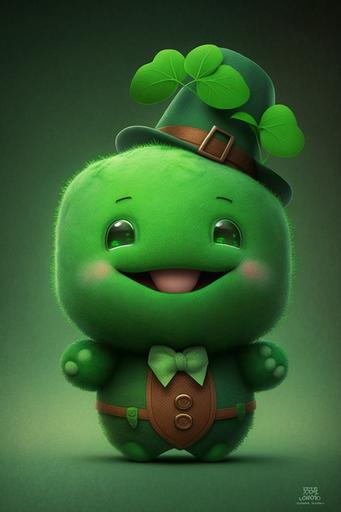 A lucky, happy and kawaii cartoon shamrock character::2 wearing a St Patrick's outfit, cute, adorable, happy:: by Pixar:: Text, word, title, phrase, font, letters, names, slogan, frame, signature, watermark, caption, legend::-0.5 --ar 2:3 --s 750