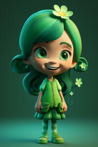 A lucky, happy and kawaii cartoon shamrock character::2 wearing a St Patrick's outfit, cute, adorable, happy:: by Pixar:: Text, word, title, phrase, font, letters, names, slogan, frame, signature, watermark, caption, legend::-0.5 --ar 2:3 --s 750 --v 5