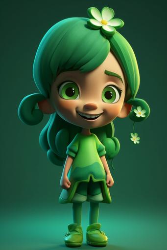 A lucky, happy and kawaii cartoon shamrock character::2 wearing a St Patrick's outfit, cute, adorable, happy:: by Pixar:: Text, word, title, phrase, font, letters, names, slogan, frame, signature, watermark, caption, legend::-0.5 --ar 2:3 --s 750 --v 5