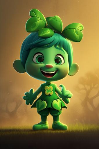 A lucky, happy and kawaii cartoon shamrock character::2 wearing a superhero outfit, cute, adorable, happy:: by Pixar:: Text, word, title, phrase, font, letters, names, slogan, frame, signature, watermark, caption, legend::-0.5 --ar 2:3 --s 750 --v 5 --v 5