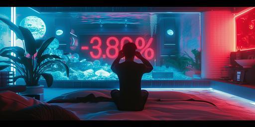 A luxurious futuristic bedroom at night. A back view of silhouette of a desperate man holds his head with his hands as he sits on the bed. He has just woke up. In front of him, a huge concave screen covers an entire wall, displaying sinister red numbers 
